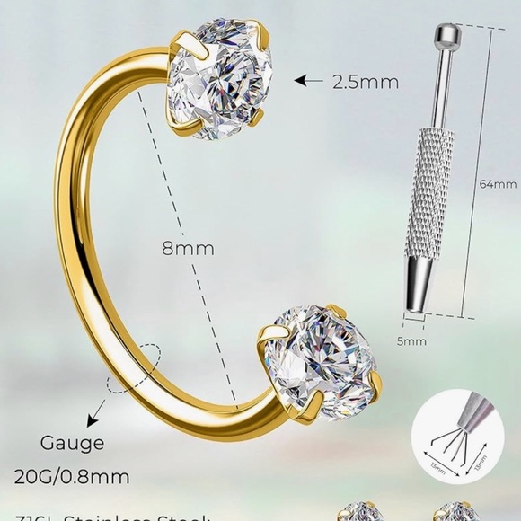 Unique Gold Star Nose Ring Horseshoe Stud with CZ’s NIB - Picture 9 of 12